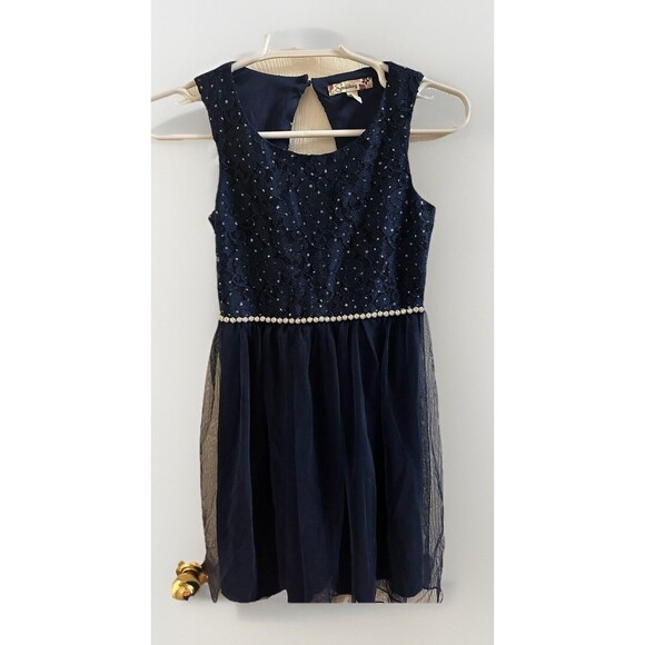 Speechless Girls Navy Lace  Jeweled Waist Christmas Dress Fit &Flare Sz 10 - Picture 1 of 5
